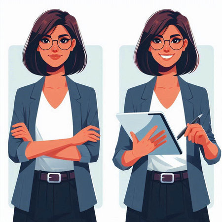 Vector illustration of a businesswoman in glasses with a tablet in her hands.のイラスト素材