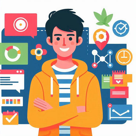 Young man standing with crossed arms and looking at camera. Vector illustrationのイラスト素材