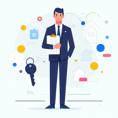 Real estate agent with keys and documents. Vector illustration in flat styleのイラスト素材