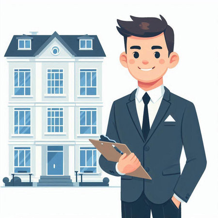 Real estate agent with clipboard in front of house. Vector illustration.のイラスト素材