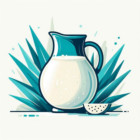 Milk in a jug on a background of palm leaves. Vector illustrationのイラスト素材