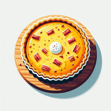Vector illustration of a pie with bacon and cheese, top view.のイラスト素材