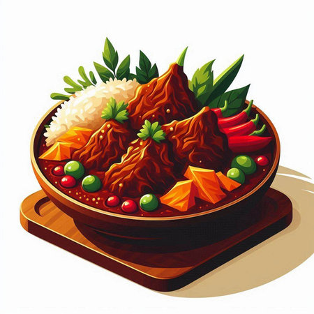 Illustration of a bowl of stewed beef with rice and vegetablesのイラスト素材