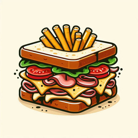 Vector illustration of a sandwich with salami, cheese, lettuce, tomato and cheeseのイラスト素材