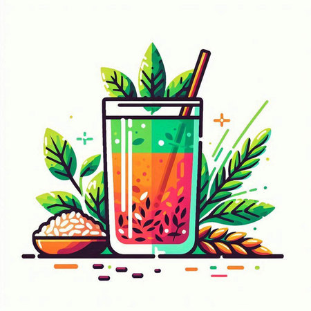 Fruit smoothie in glass with straw and leaves. Vector illustration.のイラスト素材