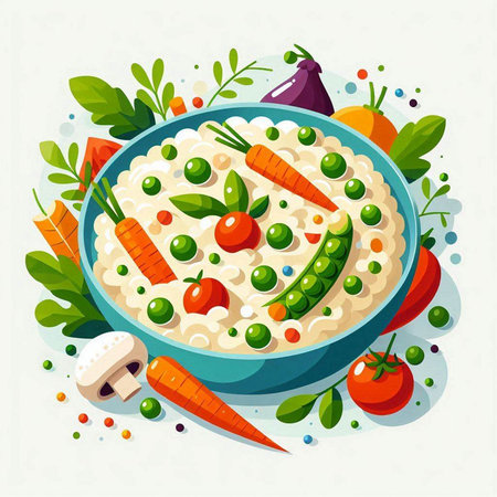 Vector illustration of oatmeal porridge with vegetables and mushrooms. Healthy food.のイラスト素材