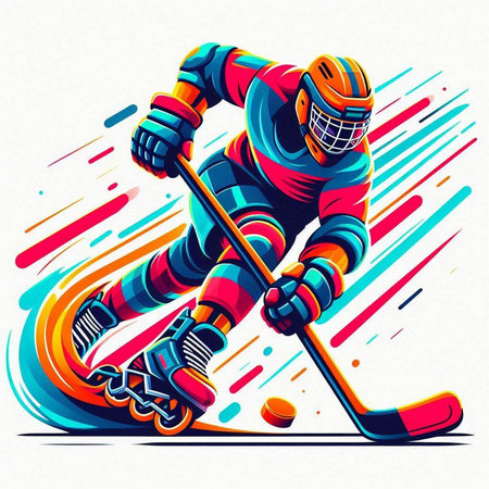 Hockey player with the stick and puck. Colorful vector illustrationのイラスト素材