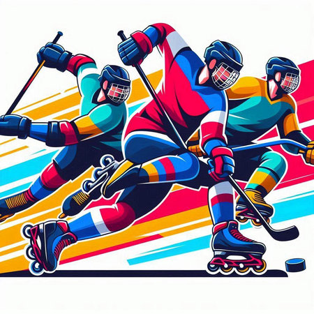 illustration of roller skates and hockey players in action, vector illustrationのイラスト素材