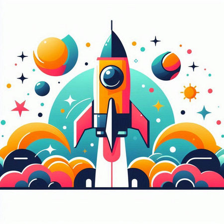 Space rocket in space with planets and stars. Vector flat illustration.のイラスト素材