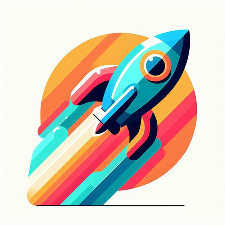 Rocket launch icon. Flat vector illustration. Colorful geometric background.のイラスト素材