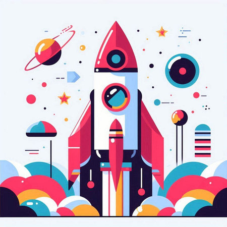 Space rocket and planets in flat style. Vector illustration for your designのイラスト素材