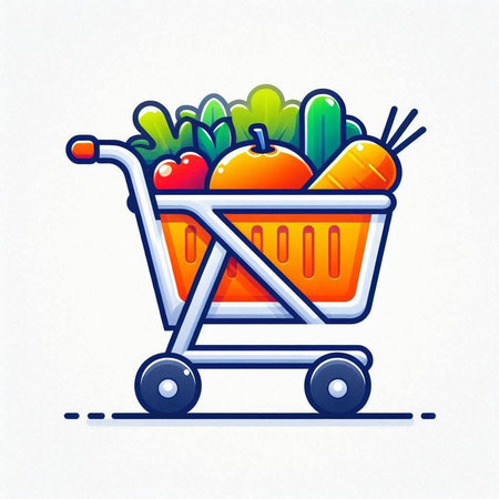 Cart with fresh fruits and vegetables. Vector illustration of shopping cart.のイラスト素材