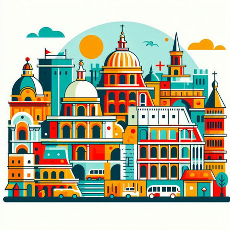 Colorful hand drawn vector illustration of famous european city.のイラスト素材