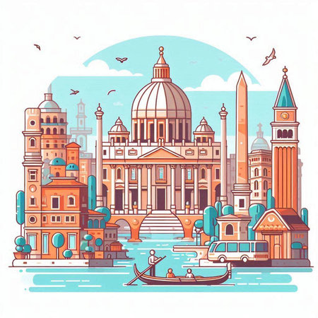 Venice, Italy. Cityscape with famous landmarks. Vector illustration.のイラスト素材
