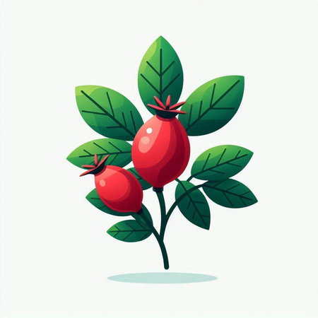 Ripe red rosehip berries with green leaves. Vector illustration.のイラスト素材