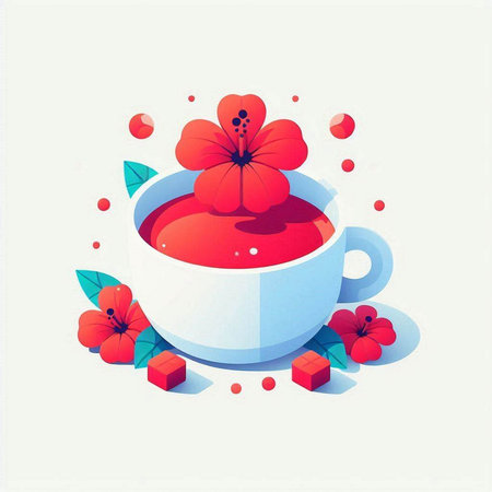 Cup of tea with red hibiscus flower. Vector illustration.のイラスト素材