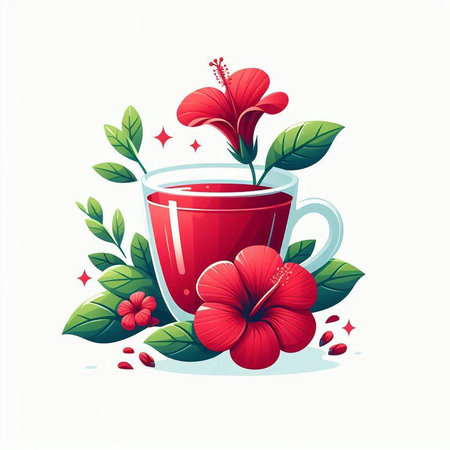 Cup of Hibiscus tea with red flowers. Vector illustration.のイラスト素材