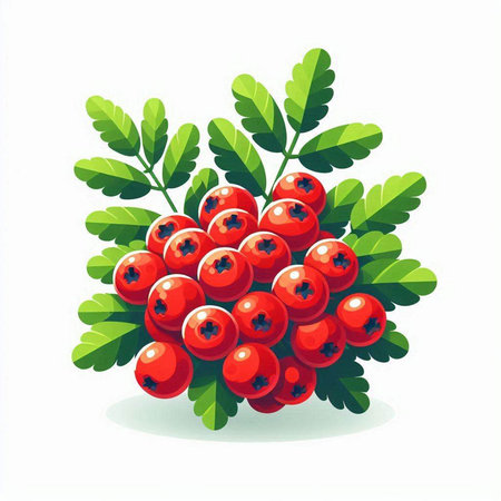Bunch of red rowan berries with green leaves on white backgroundのイラスト素材