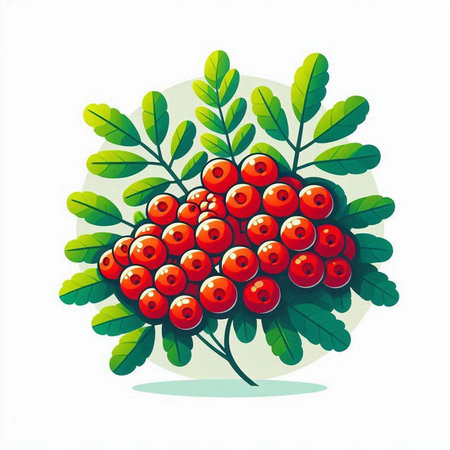 Bunch of rowan berries with green leaves. Vector illustration.のイラスト素材