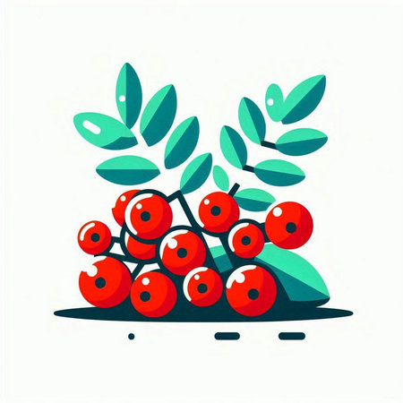 Red rowan berries with green leaves on white background. Vector illustration.のイラスト素材