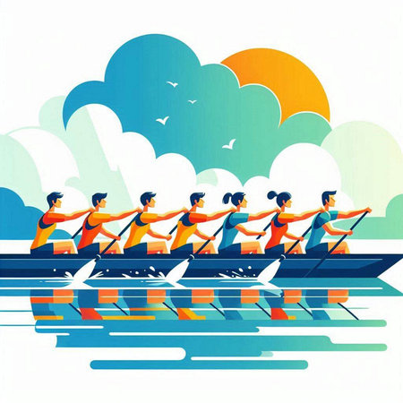 Group of rowers rowing on the river, vector illustration.のイラスト素材