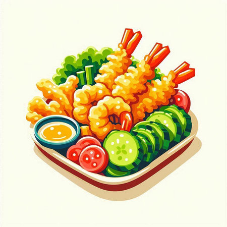 Illustration of fried shrimp in a plate with cucumber and tomatoのイラスト素材
