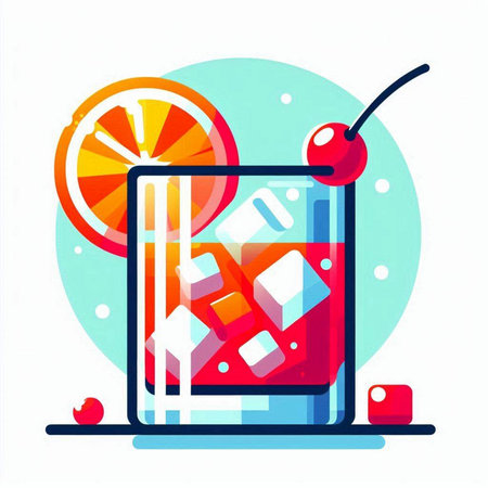 Cocktail with ice cubes and cherry. Vector illustration in flat styleのイラスト素材