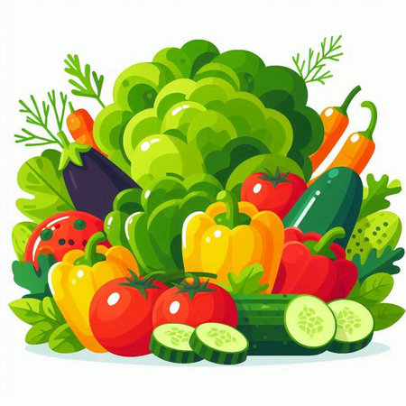 Vegetables vector illustration. Cucumber, tomato, pepper, cucumber, bell pepper, eggplant, lettuce.のイラスト素材