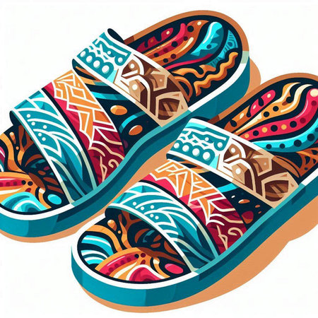 Vector illustration of a pair of colorful sandals in ethnic style.のイラスト素材