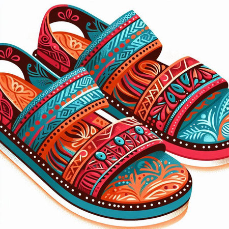 Colorful vector illustration of a pair of slippers in ethnic styleのイラスト素材