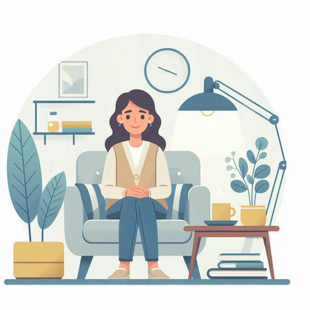 Woman sitting on sofa in living room. Flat style vector illustration.のイラスト素材