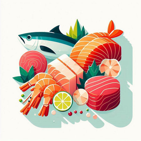 Vector illustration of fresh seafood, salmon, tuna, shrimp, crabpus, fish, avocado, cucumber, lemon, parsley, pepperのイラスト素材
