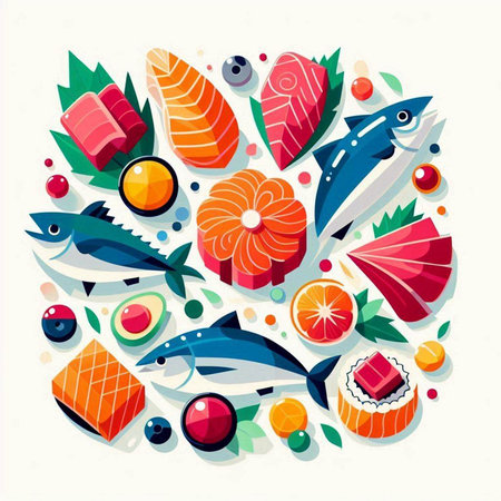 Vector illustration of Japanese food. Salmon, tuna, caviar, fish, vegetables.のイラスト素材