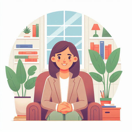 Woman sitting in armchair at home. Female character in casual clothes. Vector illustrationのイラスト素材