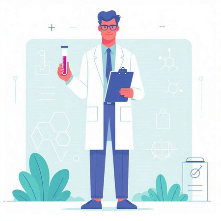 Scientist holding test tube and clipboard. Vector illustration in flat styleのイラスト素材