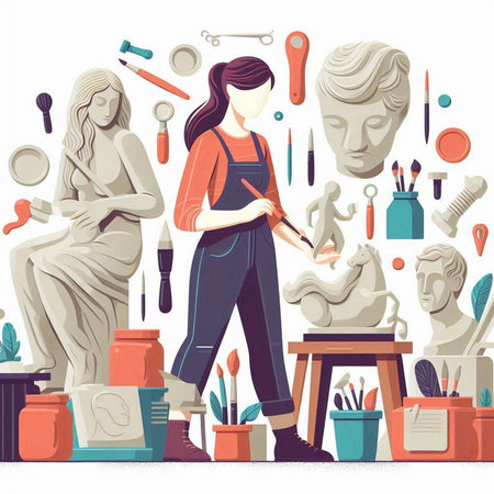 Flat design illustration with gypsum sculpture and woman working at pottery workshopのイラスト素材