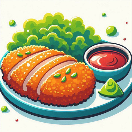 Illustration of a plate with fried cutlet and tomato sauce.のイラスト素材