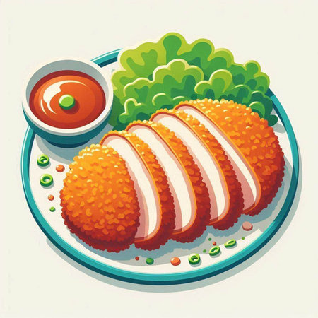 Illustration of a cutlet on a plate with a tomato sauceのイラスト素材