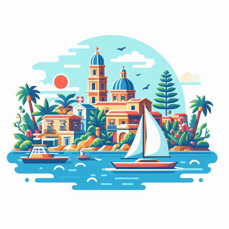 Beautiful colorful vector illustration of the island of Sicily, Italy.のイラスト素材