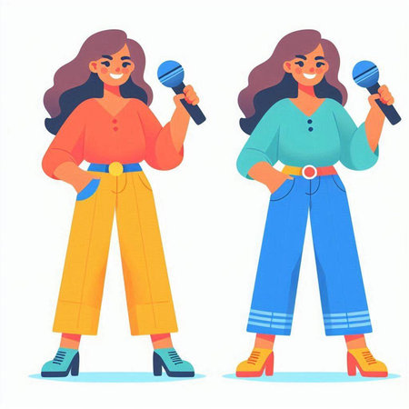 Female singer with microphone in hand. Vector illustration in cartoon style.のイラスト素材