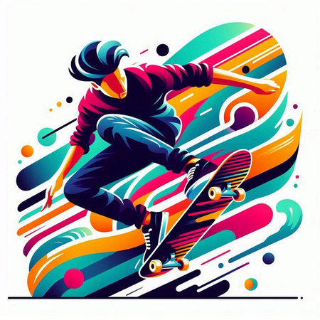 Vector illustration of a skateboarder on colorful background with stripes.のイラスト素材