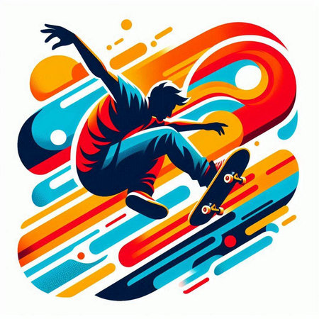 Skateboarder jumping with skateboard on colorful background, vector illustrationのイラスト素材