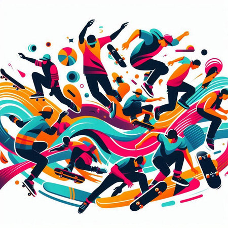 Vector illustration of a group of skateboarders on colorful background.のイラスト素材