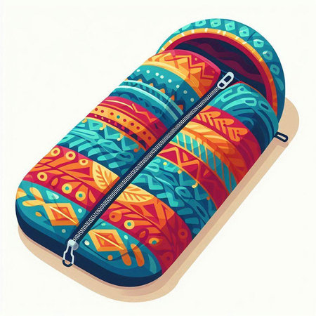 Vector illustration of a sleeping bag with a colorful pattern on a white backgroundのイラスト素材