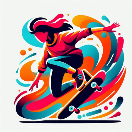 Skateboarder jumping on colorful abstract background. Vector illustration.のイラスト素材