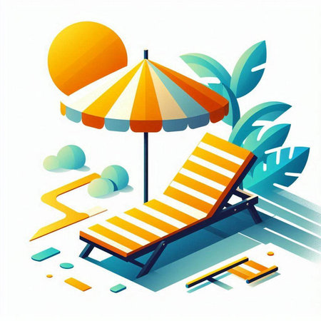 Beach chair with umbrella and sun lounger. Vector illustration.のイラスト素材