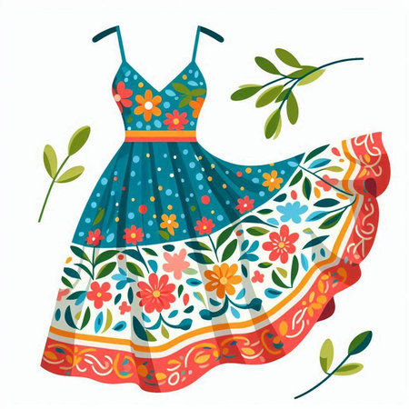 Beautiful summer dress with floral ornament on white background. Vector illustration.のイラスト素材