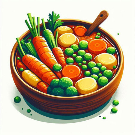 Vegetable stew with carrots and peas in wooden bowl. Vector illustration.のイラスト素材