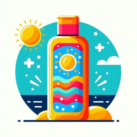 Sunscreen bottle on the beach. Vector illustration in flat style.のイラスト素材