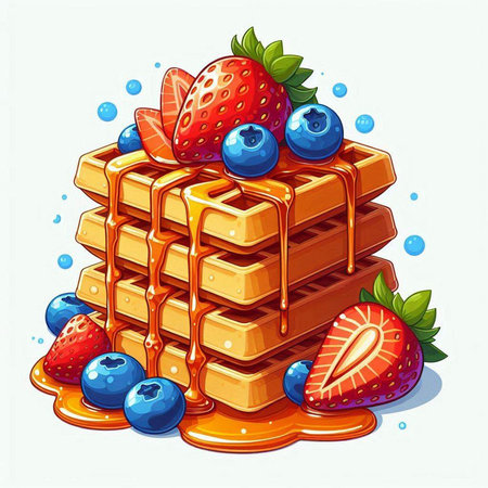Illustration of a stack of waffles with strawberries and blueberriesのイラスト素材